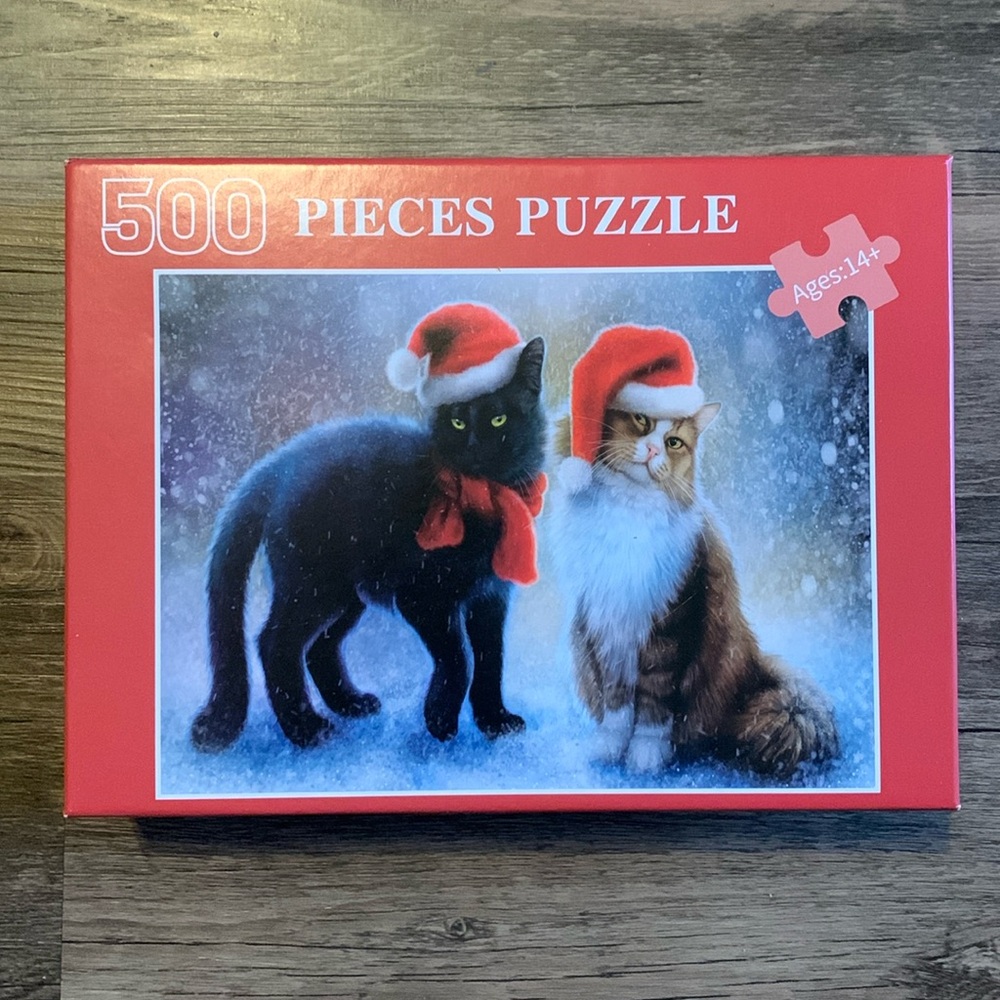 500 Piece Wooden Puzzle - 2 Cats with Santa Hats during Winter Snow - Ages 12+